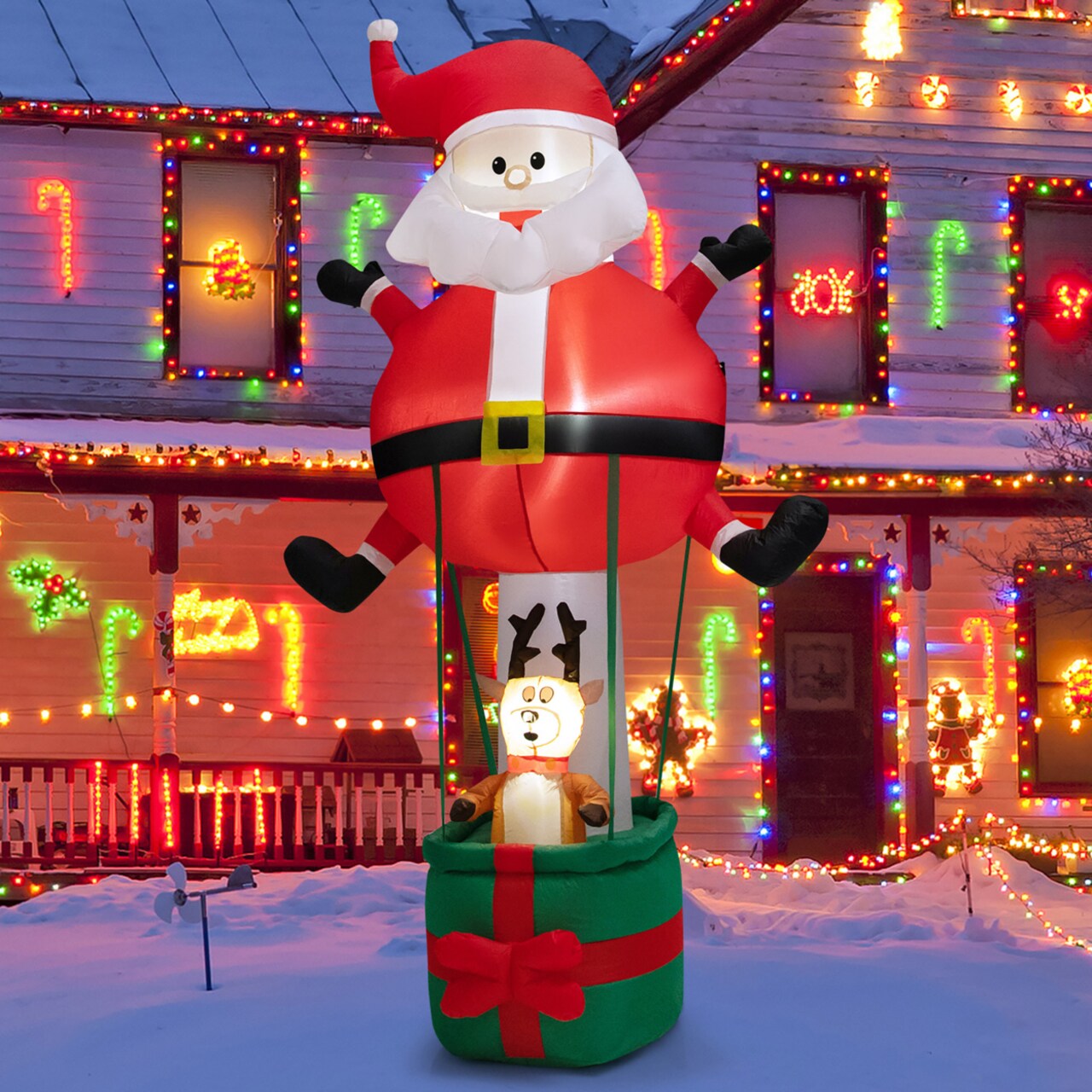 8Ft Inflatable Santa Claus And Reindeer Christmas Decoration W/ Led Lights